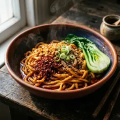 Dampfende Chili-Nudeln mit gehackten Erdnüssen, Frühlingszwiebeln und Sesam. Daneben ein kleines Schälchen mit Soße und ein Paar Stäbchen.