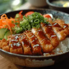 Ein köstliches japanisches Schnitzel (Katsu) auf Reis, garniert mit Karottenstreifen, Gurkenscheiben und Frühlingszwiebeln, übergossen mit süßer Soße.