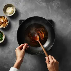 Hände rühren eine dunkle Sauce in einer Wokpfanne. Kleine Schüsseln mit gehackten Frühlingszwiebeln, Ingwer und Knoblauch deuten auf einen **Austernsauce Ersatz** hin.