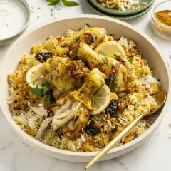 Ein köstliches Chicken Biryani mit saftigen Hähnchenteilen, duftendem Reis, Zitronenscheiben und garniert mit frischer Minze.