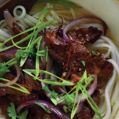 Herzhaftes Pho Kho mit zarten Rindfleischstreifen, Reisnudeln, roten Zwiebeln und Frühlingszwiebeln in einer aromatischen Brühe.