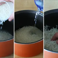 Reis wird in einen Reiskocher gegeben, mit Wasser übergossen und dann von Hand geprüft.