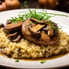 Cremiges Pilzrisotto, das zeigt, dass Reis glutenfrei ist. Garniert mit frischen Kräutern und Pilzen.