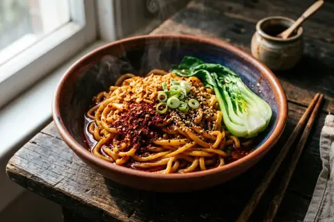 Dampfende Chili-Nudeln mit gehackten Erdnüssen, Frühlingszwiebeln und Sesam. Daneben ein kleines Schälchen mit Soße und ein Paar Stäbchen.