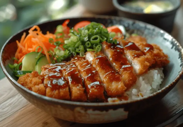 Ein köstliches japanisches Schnitzel (Katsu) auf Reis, garniert mit Karottenstreifen, Gurkenscheiben und Frühlingszwiebeln, übergossen mit süßer Soße.