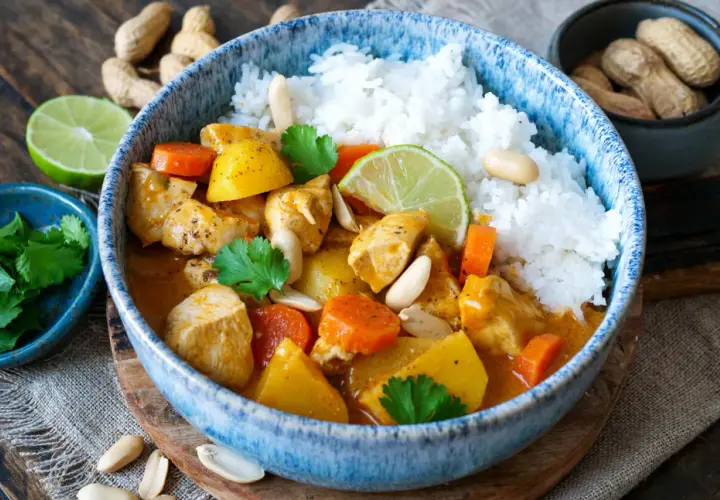 Hähnchen-Massaman-Curry mit Reis, Karotten, Kartoffeln, Erdnüssen und Koriander.