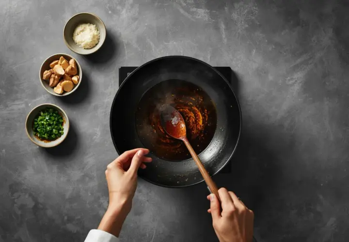 Hände rühren eine dunkle Sauce in einer Wokpfanne. Kleine Schüsseln mit gehackten Frühlingszwiebeln, Ingwer und Knoblauch deuten auf einen **Austernsauce Ersatz** hin.
