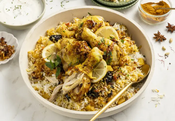 Ein köstliches Chicken Biryani mit saftigen Hähnchenteilen, duftendem Reis, Zitronenscheiben und garniert mit frischer Minze.