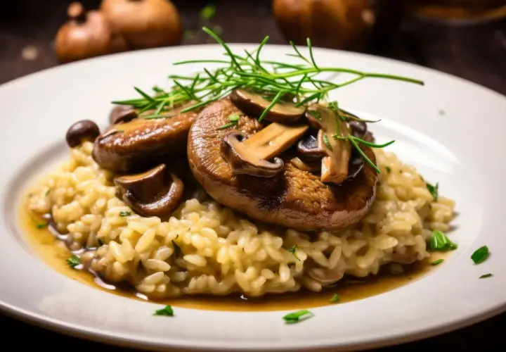 Cremiges Pilzrisotto, das zeigt, dass Reis glutenfrei ist. Garniert mit frischen Kräutern und Pilzen.