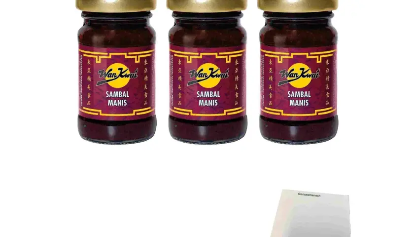 Drei Gläser Wan Kwai Sambal Manis, ideal für die asiatische Küche. Vielseitige Sambal Manis Verwendung für scharfe und süße Noten.