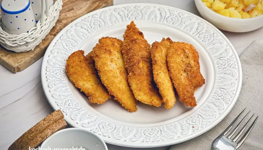 Knusprige Hähnchenstreifen in goldbrauner Panko Panade auf einem Teller, daneben Kartoffelsalat.