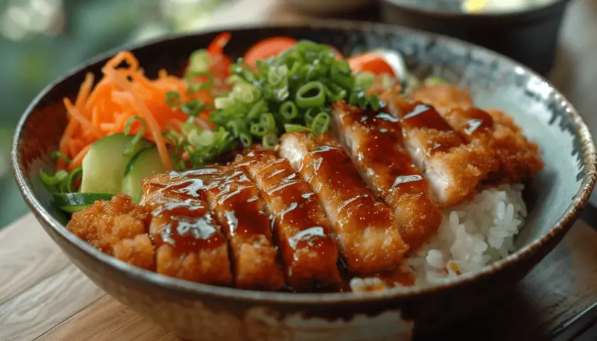 Ein köstliches japanisches Schnitzel (Katsu) auf Reis, garniert mit Karottenstreifen, Gurkenscheiben und Frühlingszwiebeln, übergossen mit süßer Soße.
