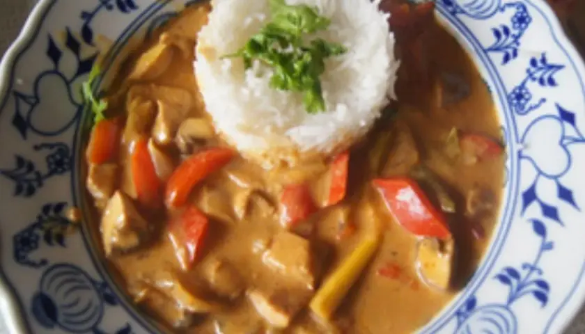 Ein Curry mit Hühnchen, Pilzen und Paprika, serviert mit duftendem asiatischem Reis auf einem blumengemusterten Teller.