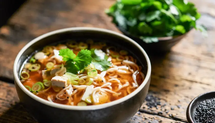 Eine dampfende Schüssel Miso Suppe mit Tofu, Nudeln und Frühlingszwiebeln, garniert mit frischer Petersilie.