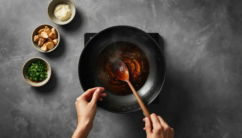 Hände rühren eine dunkle Sauce in einer Wokpfanne. Kleine Schüsseln mit gehackten Frühlingszwiebeln, Ingwer und Knoblauch deuten auf einen **Austernsauce Ersatz** hin.