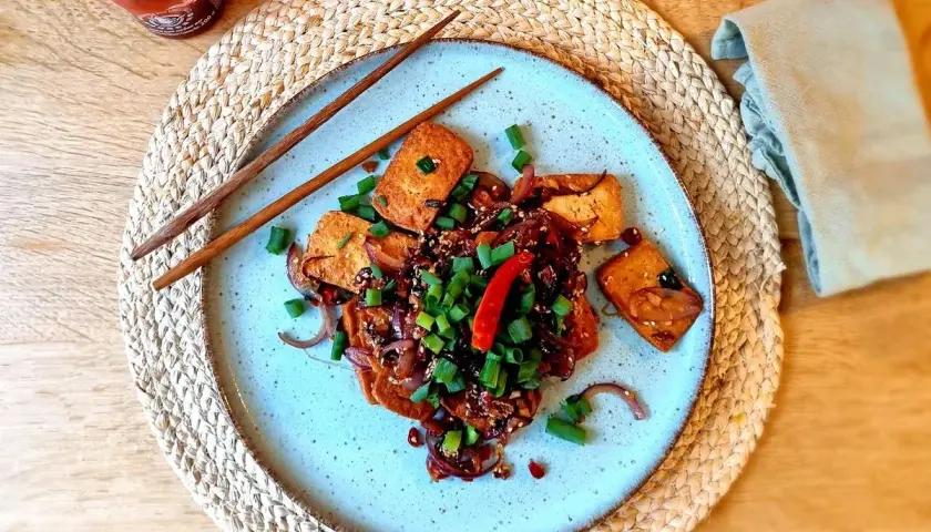 Gebratener Tofu mit Zwiebeln, Frühlingszwiebeln und Chili in einer dunklen Soße. So lecker ist, was ist Tofu!