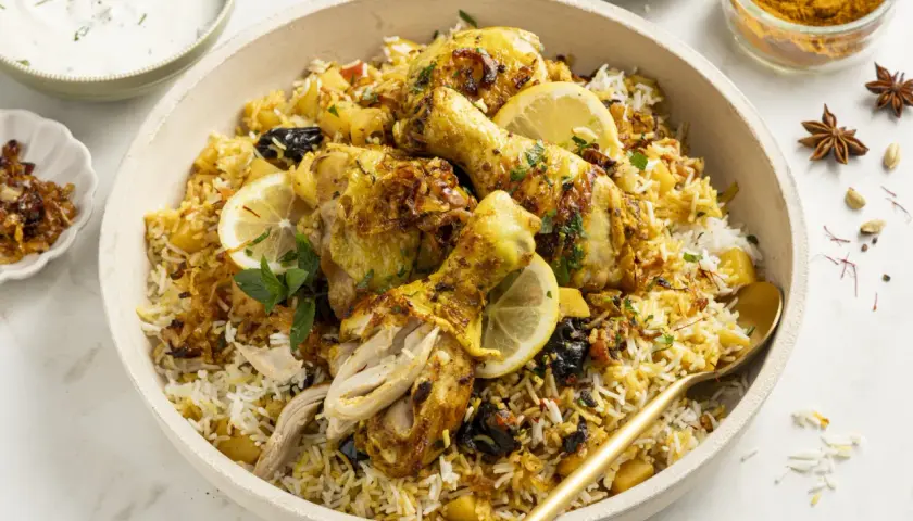 Ein köstliches Chicken Biryani mit saftigen Hähnchenteilen, duftendem Reis, Zitronenscheiben und garniert mit frischer Minze.