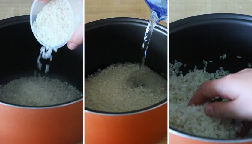 Reis wird in einen Reiskocher gegeben, mit Wasser übergossen und dann von Hand geprüft.