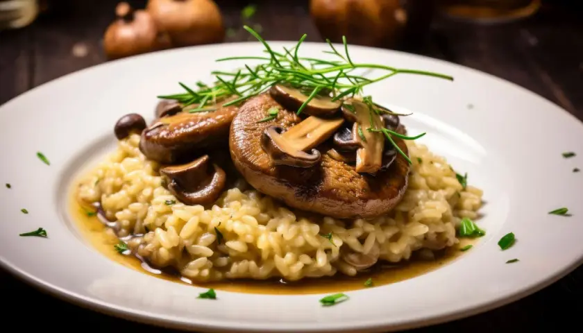 Cremiges Pilzrisotto, das zeigt, dass Reis glutenfrei ist. Garniert mit frischen Kräutern und Pilzen.