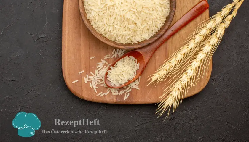 Reis, ein wichtiges Getreide, liegt auf einem Holzlöffel neben einer Schüssel und Ähren.
