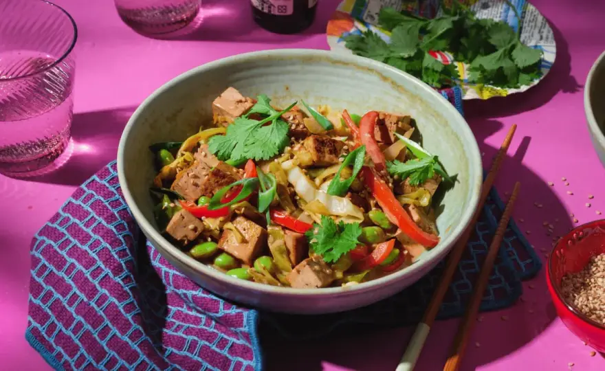 Spitzkohl asiatisch vegetarisch aus dem Wok mit Tofu