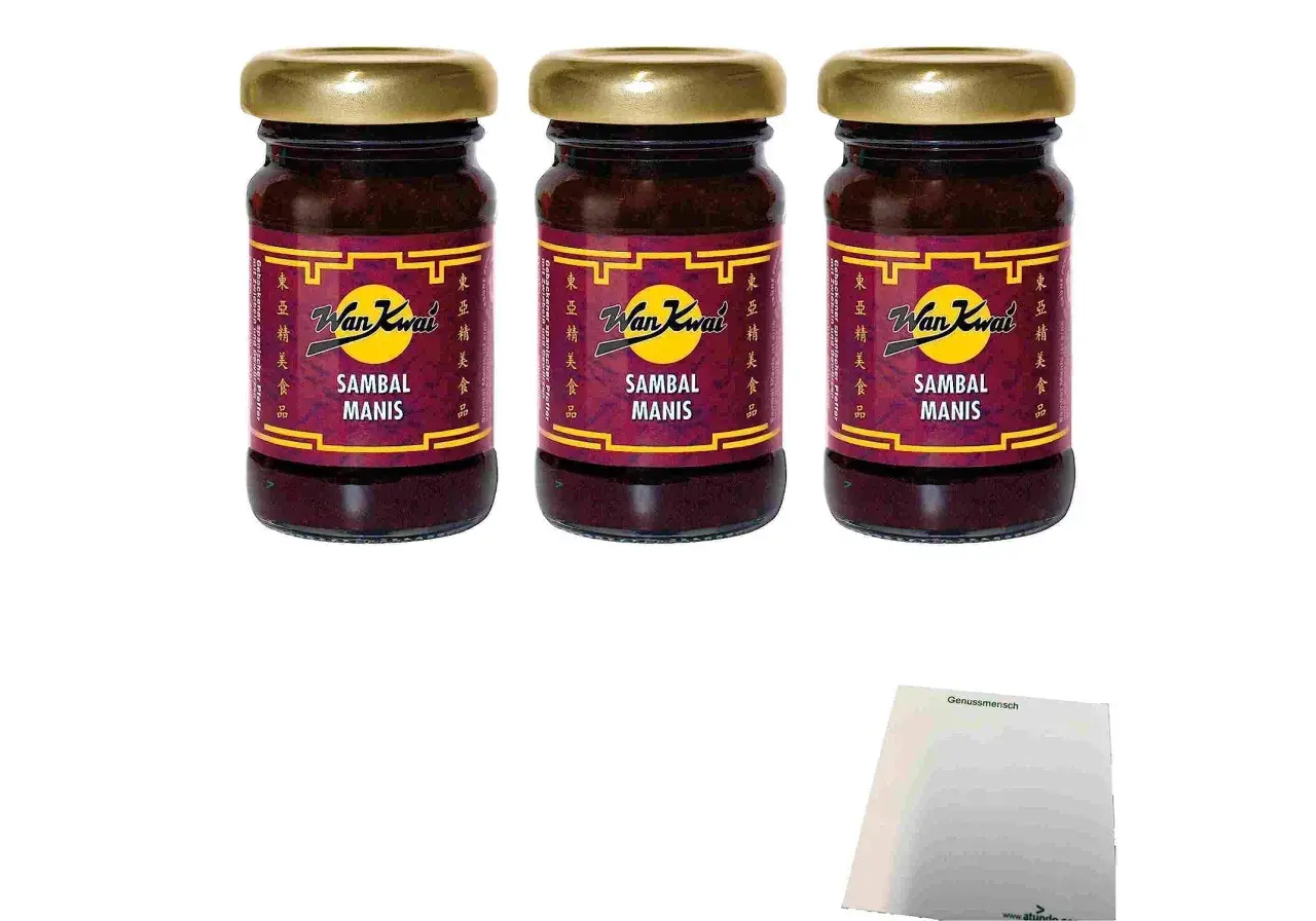 Drei Gläser Wan Kwai Sambal Manis, ideal für die asiatische Küche. Vielseitige Sambal Manis Verwendung für scharfe und süße Noten.