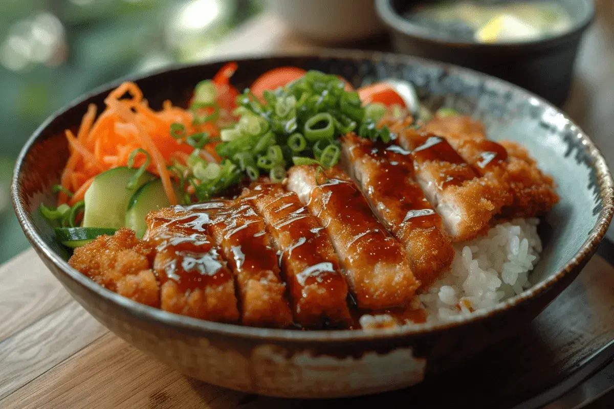 Ein köstliches japanisches Schnitzel (Katsu) auf Reis, garniert mit Karottenstreifen, Gurkenscheiben und Frühlingszwiebeln, übergossen mit süßer Soße.