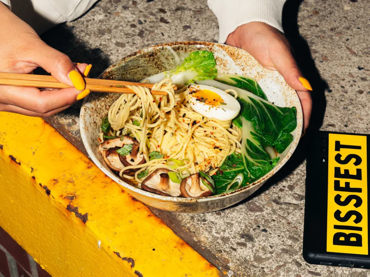 Eine Schüssel mit einer köstlichen japanischen Nudelsorte, garniert mit Pilzen, Ei und Pak Choi.