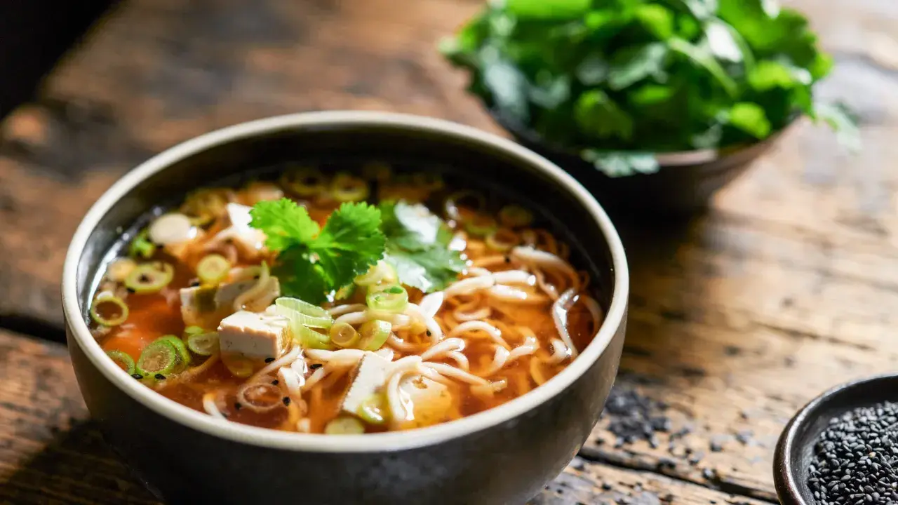 Eine dampfende Schüssel Miso Suppe mit Tofu, Nudeln und Frühlingszwiebeln, garniert mit frischer Petersilie.