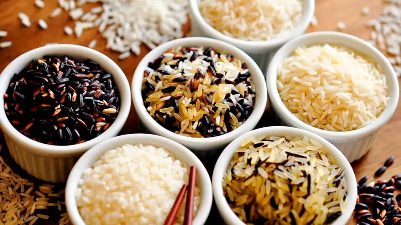 Verschiedene Reissorten in Schalen: schwarzer Reis, Basmati und eine Mischung. Ist Reis gesund? Ja, diese Vielfalt zeigt, wie gesund Reis sein kann.
