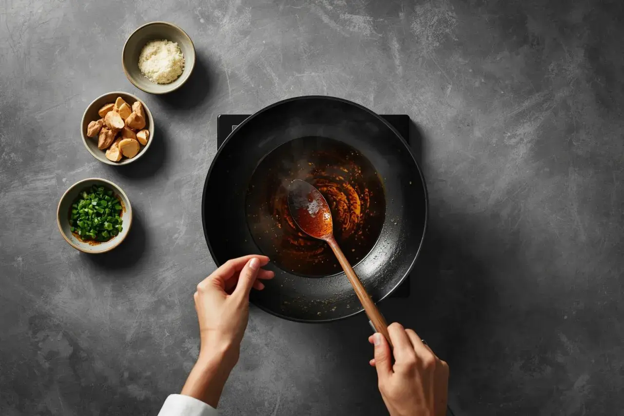 Hände rühren eine dunkle Sauce in einer Wokpfanne. Kleine Schüsseln mit gehackten Frühlingszwiebeln, Ingwer und Knoblauch deuten auf einen **Austernsauce Ersatz** hin.