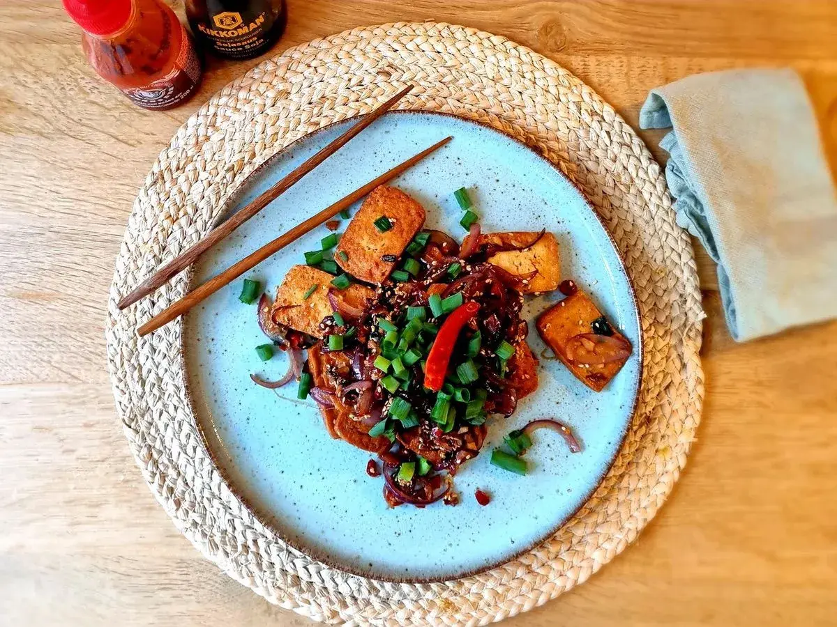 Gebratener Tofu mit Zwiebeln, Frühlingszwiebeln und Chili in einer dunklen Soße. So lecker ist, was ist Tofu!