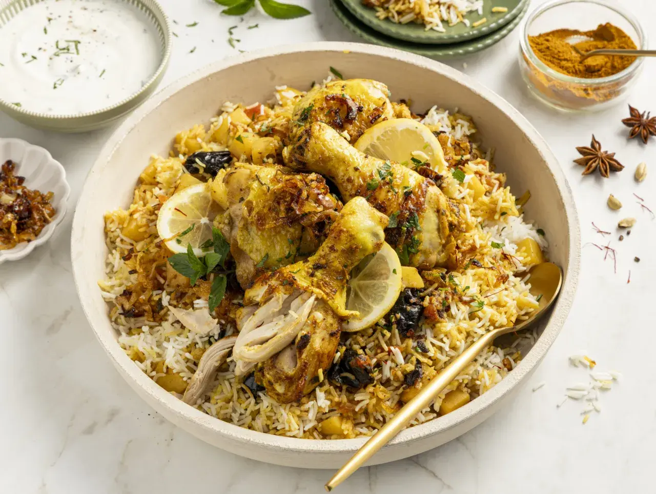 Ein köstliches Chicken Biryani mit saftigen Hähnchenteilen, duftendem Reis, Zitronenscheiben und garniert mit frischer Minze.