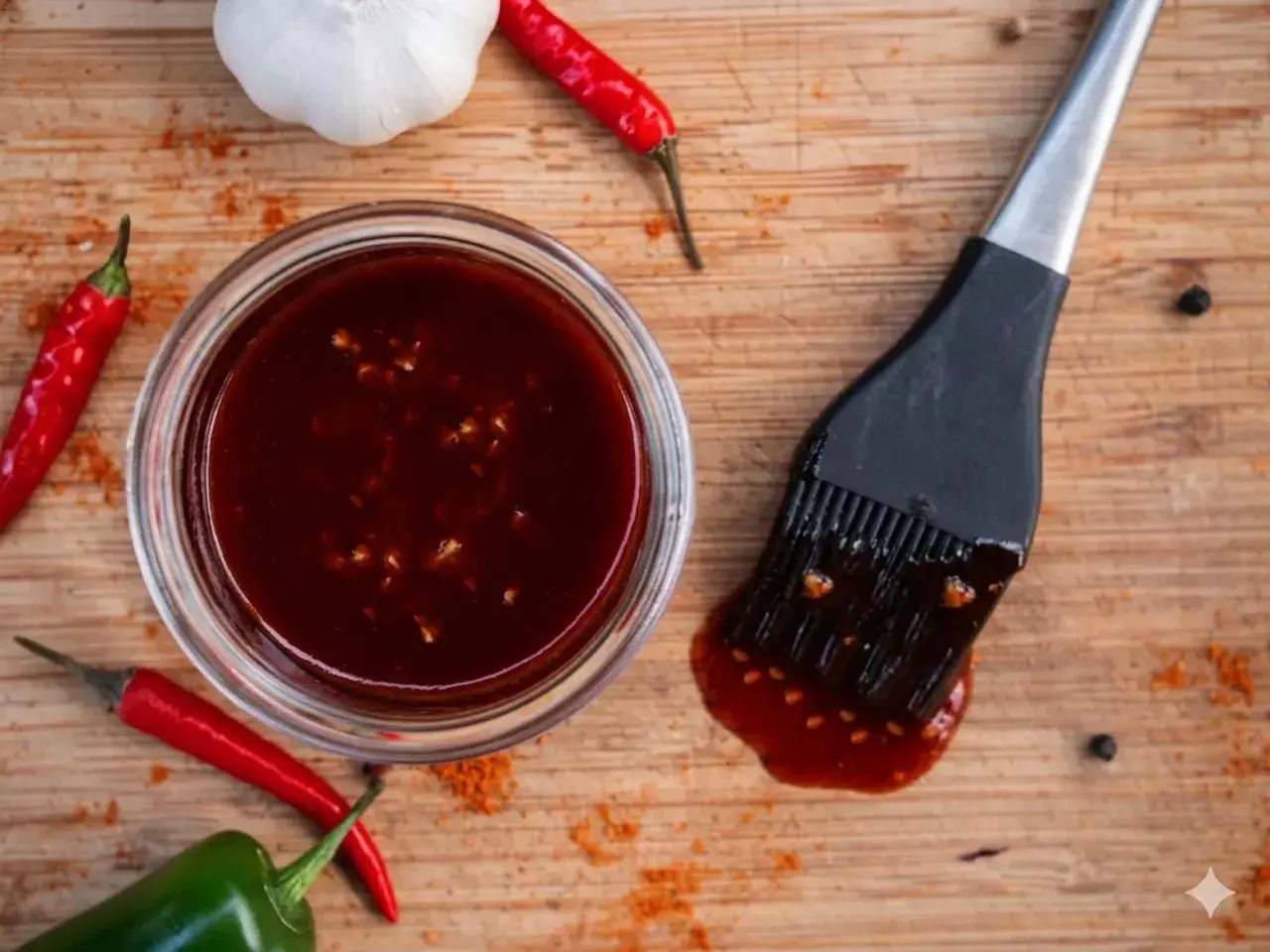Hoisin-Sauce verwendung: eine Schüssel mit dunkler Sauce, dane ein Pinsel, dane rote Chilis und Knoblauch. Perfekt für Marinaden und Glasuren.