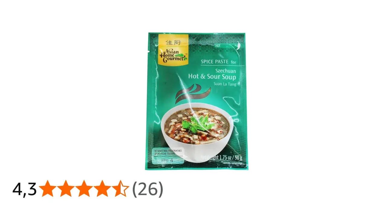 Szechuan Hot & Sour Soup Gewürzpaste von Asian Home Gourmet. Perfekt für eine authentische, sauer scharfe Suppe.