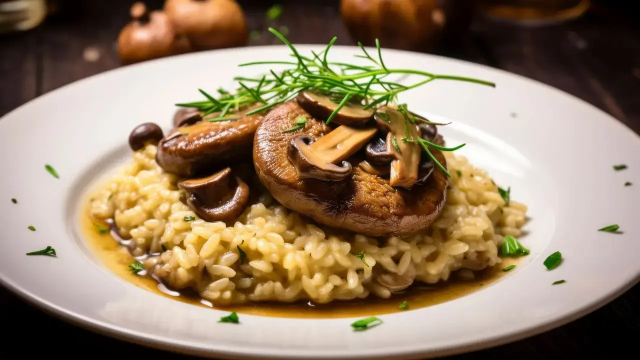 Cremiges Pilzrisotto, das zeigt, dass Reis glutenfrei ist. Garniert mit frischen Kräutern und Pilzen.