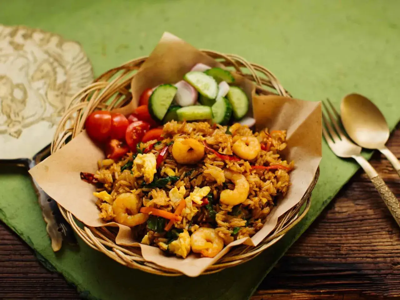 Ein authentisches nasi goreng rezept original mit Garnelen, Ei und frischem Gemüse. Serviert im Korbe, mit Gurken und Tomaten.