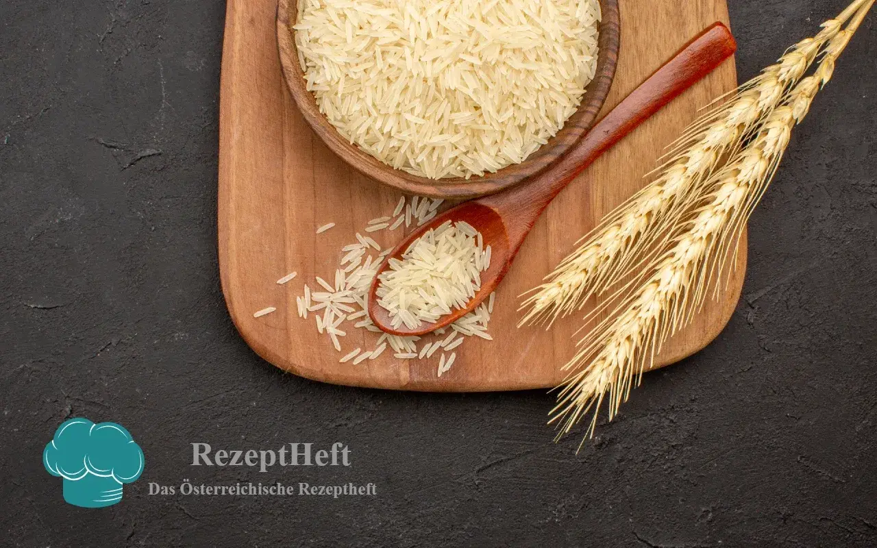 Reis, ein wichtiges Getreide, liegt auf einem Holzlöffel neben einer Schüssel und Ähren.
