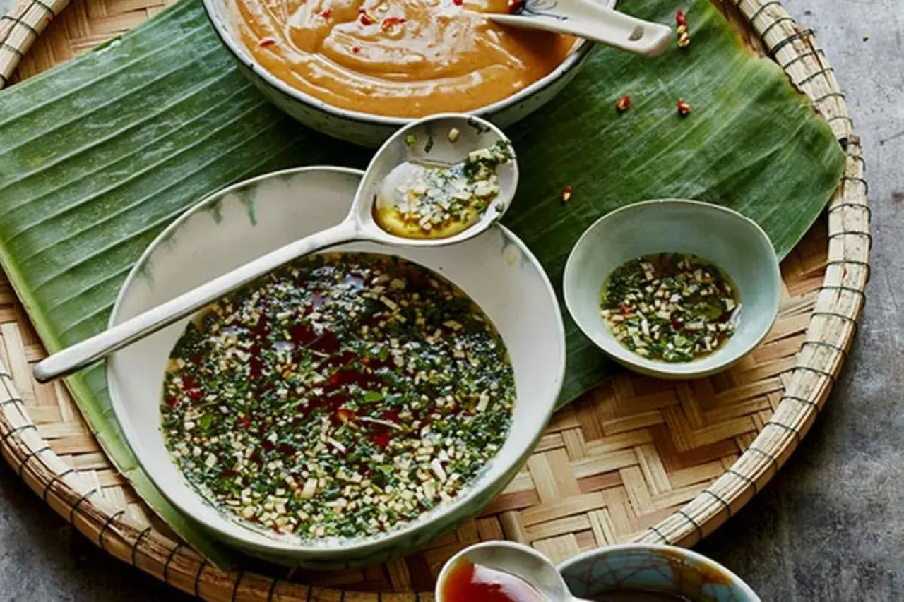 Schalen mit Saucen, darunter eine dunkle, würzige Sauce, die an Hoisin Sauce erinnert, und eine helle Erdnusssauce, auf Bananenblatt auf einem Korbtablett.