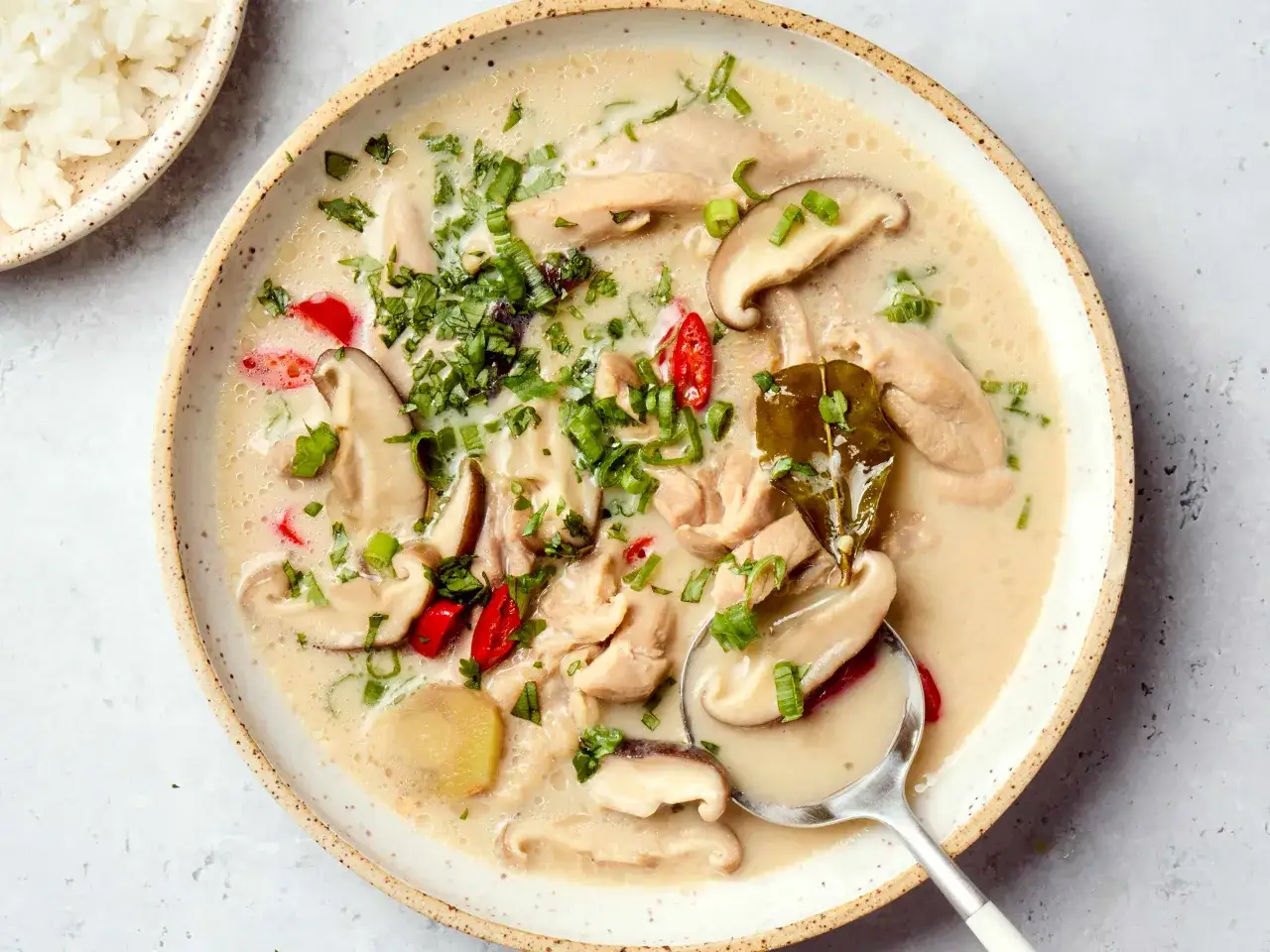 Eine Sch&uuml;ssel mit cremigem Tom Kha mit H&uuml;hnchen, Pilzen und Chili. Die Tom Kha Sauce duftet aromatisch.