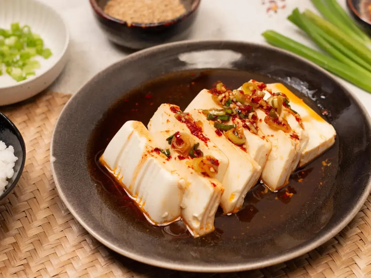 Seidentofu, zart und cremig, serviert mit einer würzigen Sauce und Frühlingszwiebeln. Ein Genuss, der zeigt, was ist seidentofu.