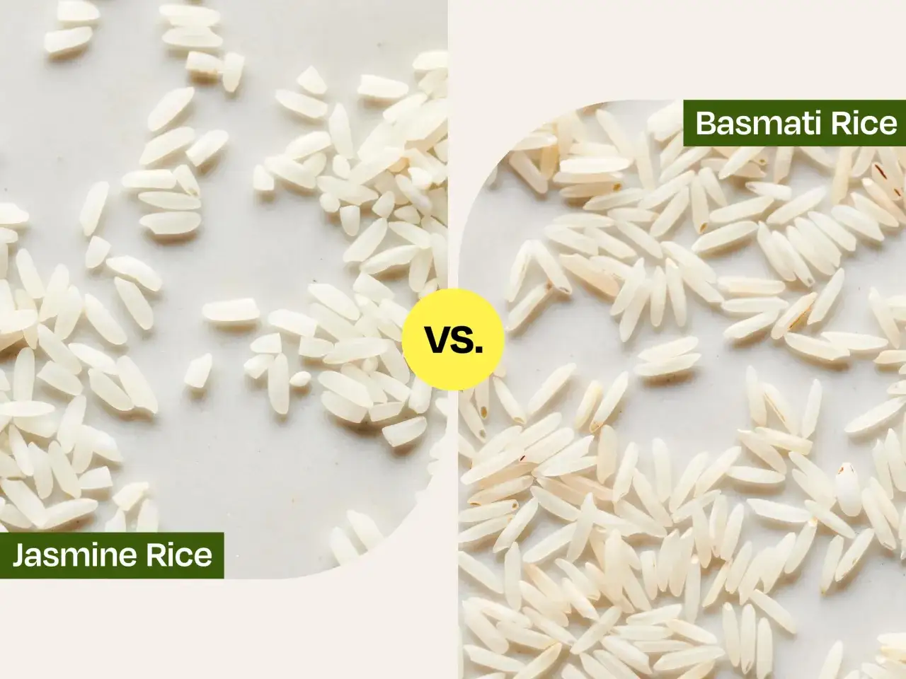 Vergleich von Jasmin Reis und Basmati Reis: Beide Sorten sind langk&ouml;rnig, aber Basmati Reis ist schlanker und spitzer.