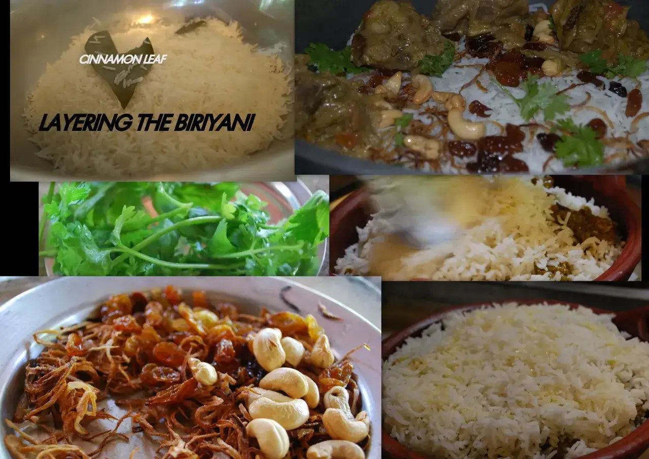 Schichten von Reis, Fleisch, Nüssen und Rosinen für ein köstliches Chicken Biryani. Frischer Koriander und Zimtblätter verfeinern das Gericht.