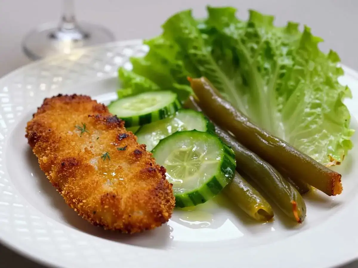 Knuspriges Schnitzel mit Panko Panade, dazu Gurkenscheiben, gr&uuml;ne Bohnen und Salat.
