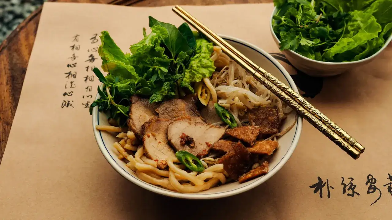 Cao Lau: Nudelsch&uuml;ssel mit Schweinefleisch, Sprossen, Kr&auml;utern und knusprigen Croutons. Goldene St&auml;bchen ruhen auf dem Gericht.